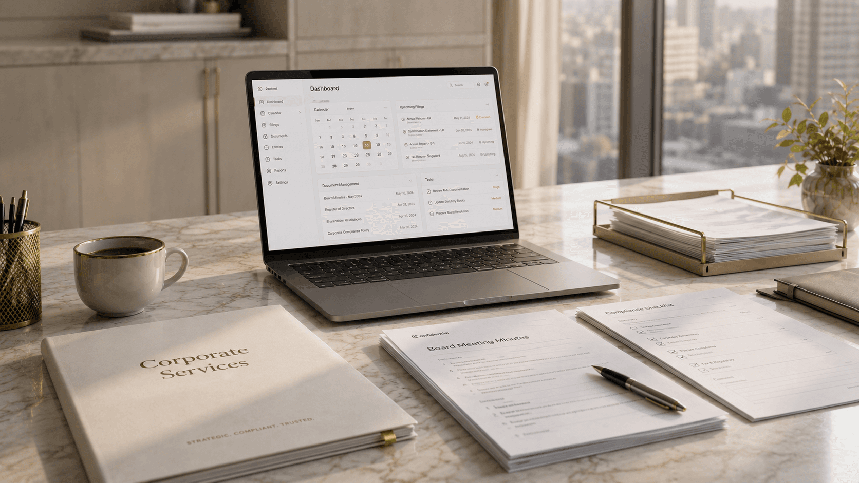 Filings calendar, board minutes and compliance checklist on a working desk